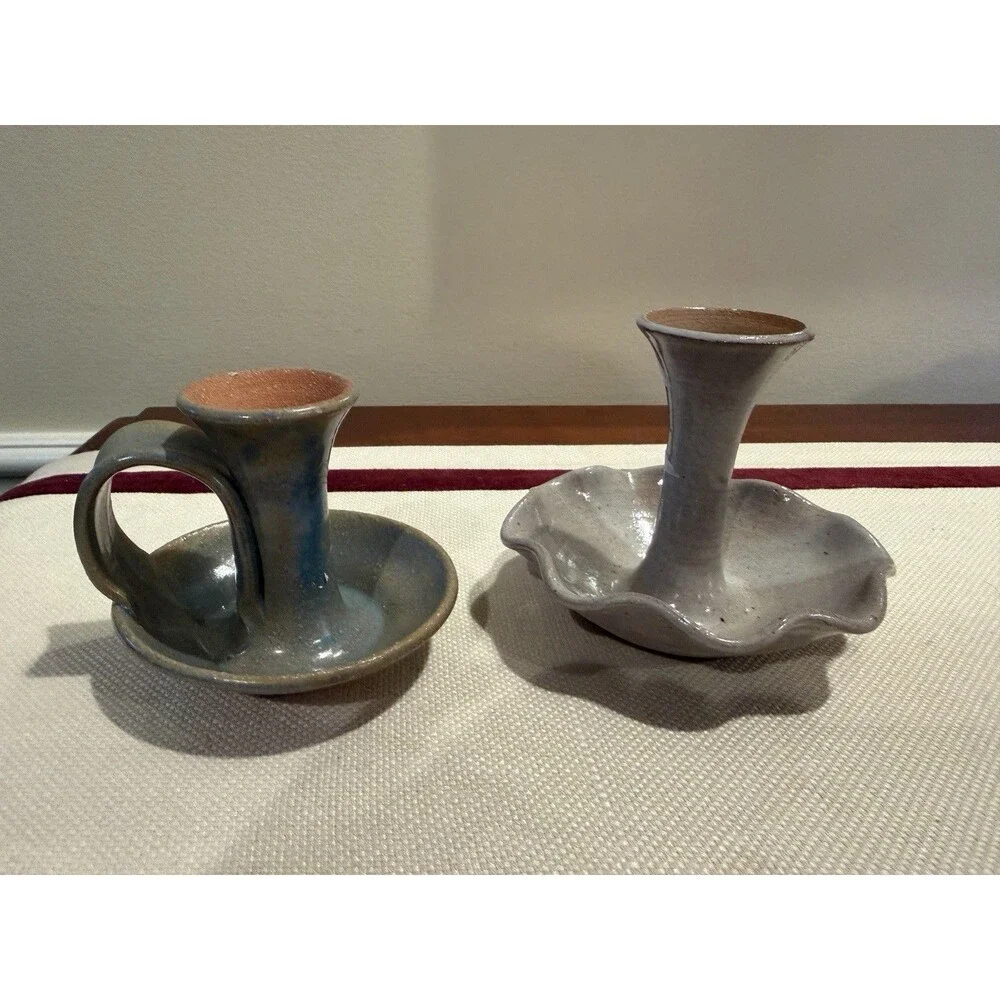 Set of 2 Handmade Pottery Candlestick Holders Blue and Gray Glazed Signed